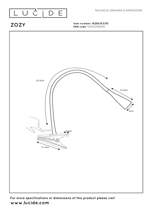 Lucide ZOZY - Lampe à pince - LED 3 StepDim - 1x4W 3000K - Noir - technique